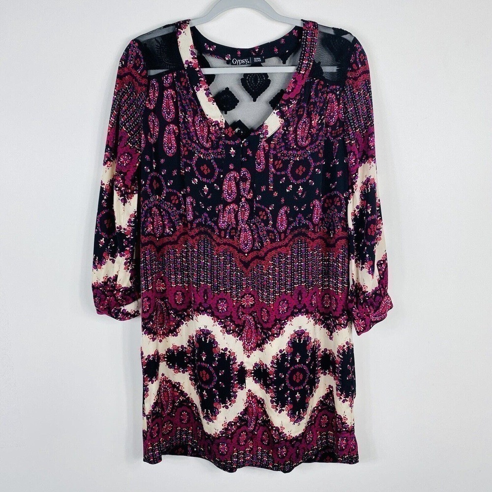 Gypsy 05 Size Small Silk Long Sleeve Printed Mini Dress Boho Casual Festival